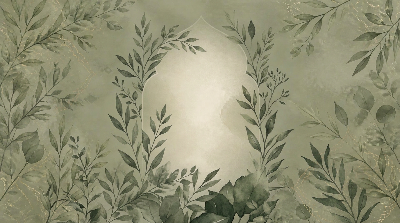 Sage green watercolour with a softly glowing Islamic arch